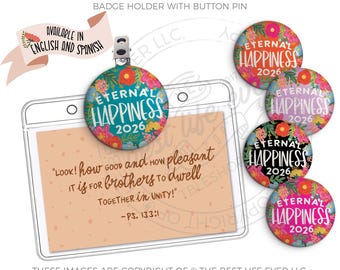 2026 Floral Wreath Eternal Happiness Convention Badge Holder with Button Pin