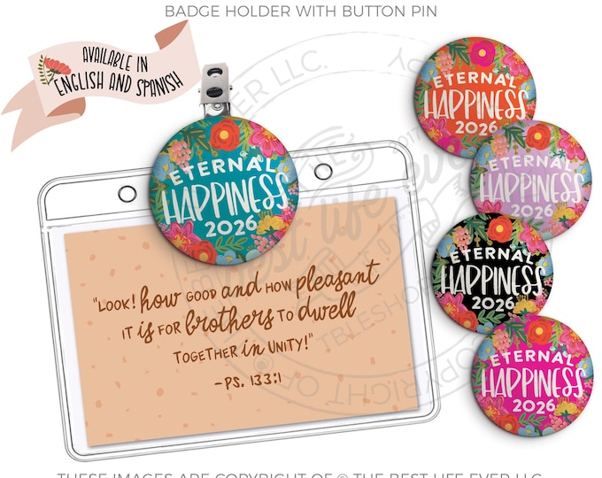 2026 Floral Wreath Eternal Happiness Convention Badge Holder with Button Pin