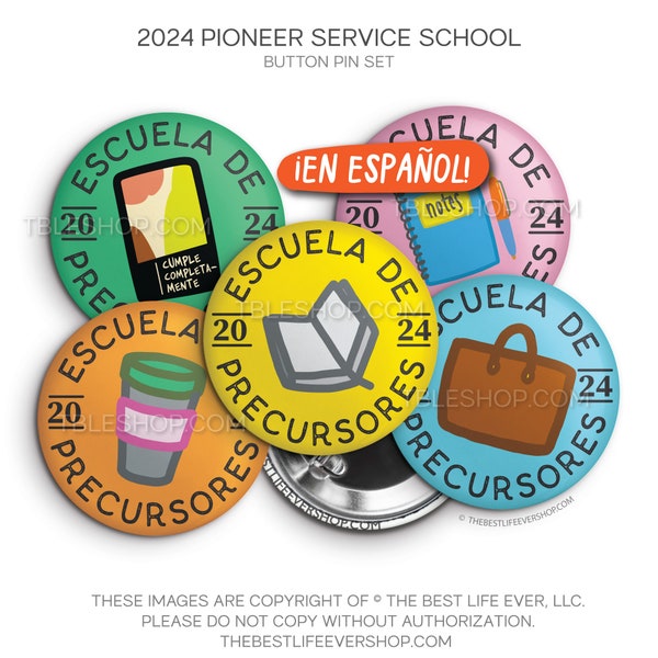 Escuela de precursores 2024 Button Pins Set - Fiesta de Colores! jw ministry - jw pioneer gifts - best life ever - pioneer school Spanish