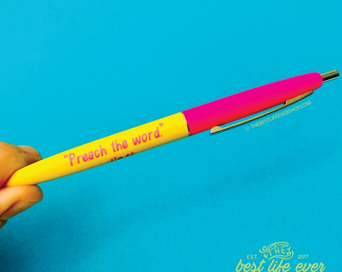 Yellow and Hot Pink Preach The Word Bic Clic Pen - retractable, refillable - jw gifts - pioneer - best life ever - jw org