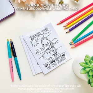 May include: A black and white printable colouring card with a cartoon image of a shepherd with a sheep. The text on the card reads "Thank You, Elders" and "For Taking Good Care of the Flock".