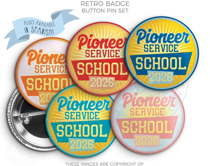 2026 Pioneer School Retro Badge Button Pin Set – JW Ministry 2026 (Spanish Available)