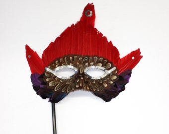 Feather Masquerade Mask with Stick, Mardi Gras Mask perfect for Halloween/Birthday/Party Costume (M70)