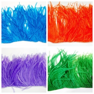 May include: Four strips of feather trim in different colors: turquoise, orange, purple, and green. The trim is approximately 1 inch wide and has a soft, fluffy texture.