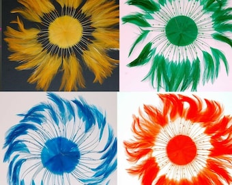 May include: Six colorful feather wreaths with a circular center. The wreaths are in the colors pink, yellow, green, red, blue, and orange.