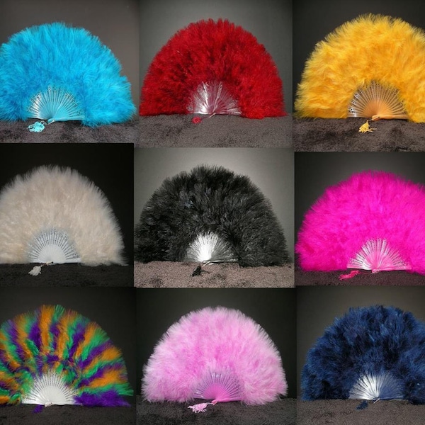 Marabou FEATHER Fan 12" x 20" Many Colors (Opens & Closes) for Burlesque, Wedding, Mardi-Gras, Halloween, Theater Costume