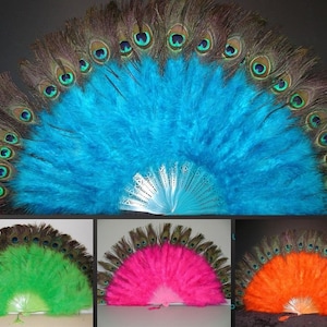 Marabou FEATHER Fan w/ Peacock VARIOUS COLORS 24" x 14" (Opens & Closes) Halloween Craft Costume Bridal Theater