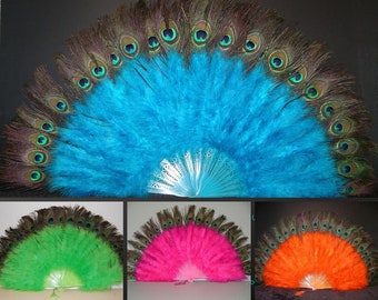 Marabou FEATHER Fan w/ Peacock VARIOUS COLORS 24" x 14" (Opens & Closes) Halloween Craft Costume Bridal Theater Bachelorette Party Decor