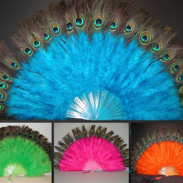 Marabou FEATHER Fan w/ Peacock VARIOUS COLORS 24" x 14" (Opens & Closes) Halloween Craft Costume Bridal Theater