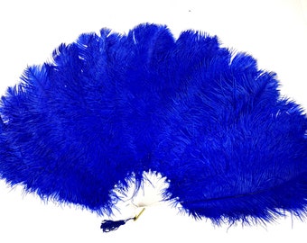 May include: A blue ostrich feather fan with a gold handle and a blue tassel.