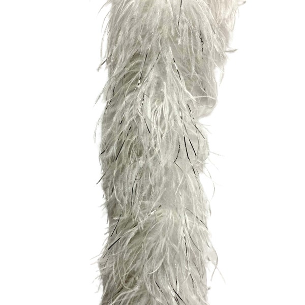 WHITE with Silver Lurex 4 PLY Ostrich Feather Boa  2 Yards for Costume Halloween Deisgn Bridal Craft