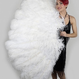 2 Large OSTRICH Feather Fans in WHITE 50&quot; x 30&quot; For Burlesque Fan Dance, Showgirl Costumes Halloween (Opens & Closes) with White Handles