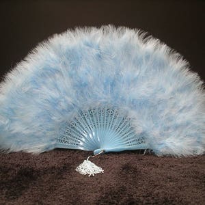 Marabou FEATHER Fan 12" x 20" SKY BLUE (Opens & Closes) for Burlesque, Wedding, Mardi-Gras, Halloween, Theater