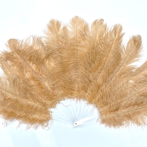Small OSTRICH Feather Fan - BEIGE 35&quot; x 25&quot; For Burlesque Dance Showgirl Costumes Halloween Theater (Opens & Closes)