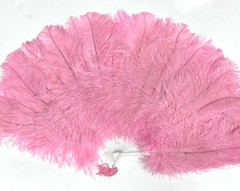 May include: A pink ostrich feather fan with a white handle. The fan is fully extended and the feathers are soft and fluffy.