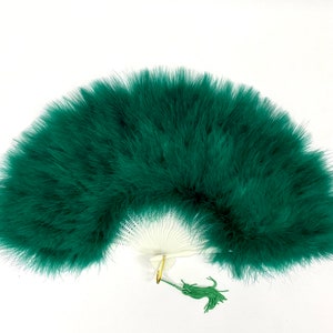 BOTTLE GREEN Marabou FEATHER Fan 12&quot; x 20&quot; (Opens & Closes) for Burlesque, Wedding, Mardi-Gras, Halloween, Theater