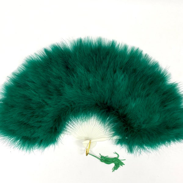 BOTTLE GREEN Marabou FEATHER Fan 12" x 20" (Opens & Closes) for Burlesque, Wedding, Mardi-Gras, Halloween, Theater