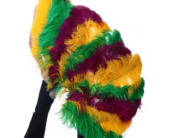 Large OSTRICH Feather Fan - MARDI GRAS 50" x 30" For Burlesque Dance, Showgirl Costumes Halloween (Opens & Closes) Choose your Color Handle