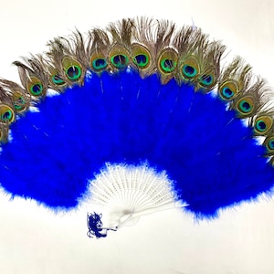 ROYAL BLUE Marabou Federfächer mit Einseitigem PFAU 30 &quot;x 15&quot; (Öffnet und Schließt) für Halloween, Bachelorette, Hochzeiten, Burlesque