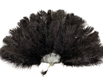 BLACK Ostrich Drab Feather Fan 36" x 20" Burlesque Dance Showgirl Costumes Halloween (Opens & Closes) 20 Staves/Heavy-Duty Handles!