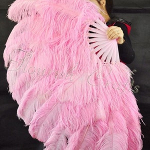 Large OSTRICH Feather Fan - LIGHT PINK 50&quot; x 30&quot; For Burlesque Dance, Showgirl Costumes Halloween (Opens & Closes) Choose your Color Handle