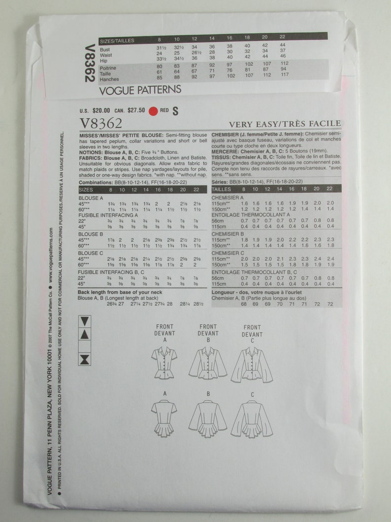 Vogue 8362 Misses/'Misses/' Petite Blouse Sewing Pattern Pattern Size 8-10-12-14 Uncut
