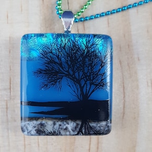 Dichroic Glass Tree at Night Pendant on Beaded Ball Chain