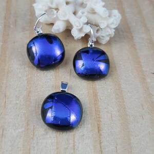 Purple on Black Dichroic Glass Pendant and Earring Set