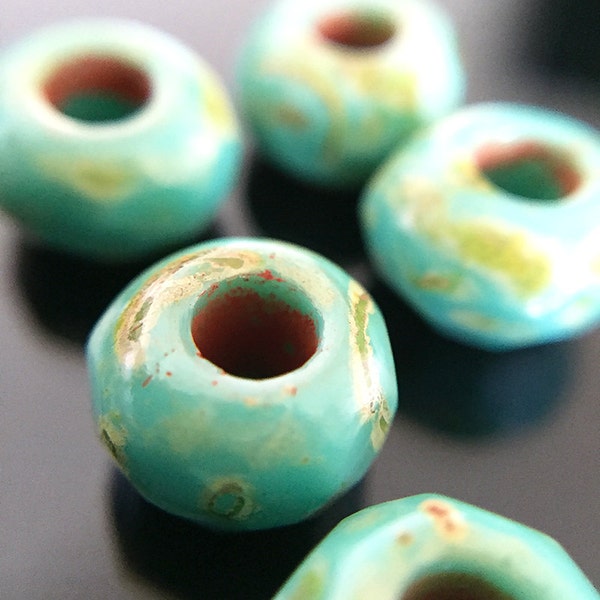 Turquoise Roller Beads, Czech Glass Large Hole Beads, Turquoise with Picasso Beads, Small Glass Rollers, 6x9mm - 10 beads (ROL-04)