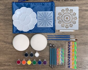 Mandala stone kit, mandala kit, Mandela painting kit - Set of 2 medium 3.75”W x 1.75”H mandala hand casted stones with dotting tools