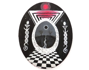 Occult Painting, Twin Peaks Inspired Fan Art, Esoteric Art, Cosmic Egg Art, Kundalini Snake Painting, Black White Red Oval Canvas Painting