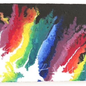 Peut inclure: Peinture abstraite sur toile avec un schéma de couleurs arc-en-ciel. Les couleurs sont appliquées dans un style libre et gestuel, créant un sentiment de mouvement et d'énergie. Le fond est noir et les couleurs sont vives et vibrantes.