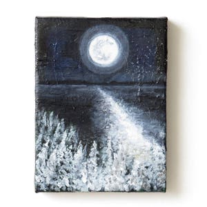 Small Moon Painting, Original Canvas Painting, Pine Trees, Full Moon, Night Forest Lake Painting, Black and White Art, Landscape Painting