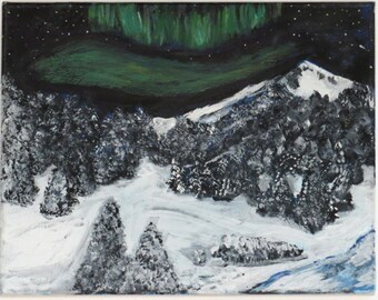 Forest Painting, Northern Lights Painting, Impressionist Painting, Aura Borealis, Pine Trees Art, Fir Trees Folk Art, Winter Trees Painting