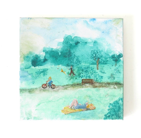 Miniature Central Park Painting Green Space Art Bicycle Art Etsy