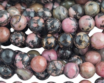 Natural Rhodonite Beads Grade AAA  Round 4mm, 8mm, 10mm, 12mm -Full Strand 15.5 inch Strand-   Smooth Gemstone Beads