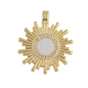 1 Dainty 14k Gold  Sun Burst Charm Opal Round SunBurst Medallion Pendant, 24x18mm, Micro Pave Gold Sun Celestial Jewelry