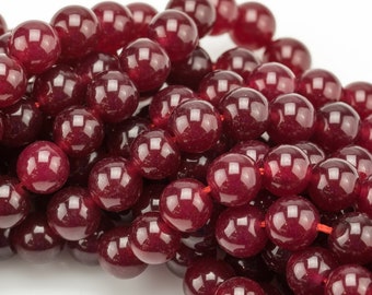 Perles rondes lisses jade rouge bordeaux véritable 4 mm 6 mm 8 mm 10 mm 12 mm - À l'unité ou en vrac - 15,5 po. Qualité AAA