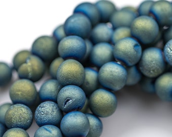 DRUZY AGATE Beads-- Blue Green Caste- 8mm, 10mm, 12mm. Full 15.5 inch strand