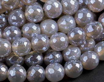 Agate grise mystique naturelle, tailles rondes à facettes 4 mm, 6 mm, 8 mm, 10 mm, 12 mm - Brin complet de 16 pouces Perles de pierres précieuses de qualité AAA