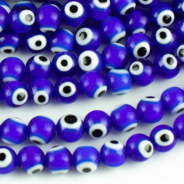 Blue Evil Eye Round Lampwork Glass Loose Beads - 8mm 10mm- Full Strand 15-16"