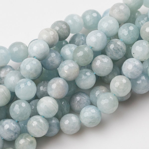 Natural WHOLESALE  Faceted Blue Aquamarine Beads in Faceted Round Beads - Full Strands - 4mm 5mm 6mm 8mm 10mm 12mm - Grade AB