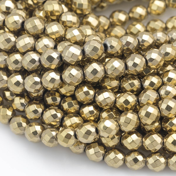 Titanium Pyrite- PYRITE-COLOR Light Gold Hematite Faceted Round 2mm, 3mm, 4mm, 6mm, 8mm-Full Strand 15.5 inch Strand