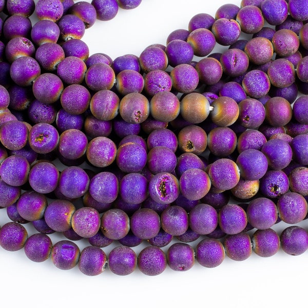 DRUZY AGATE Beads-- Metallic Purple- 8mm, 10mm, 12mm. Full 15.5 inch strand AAA Quality