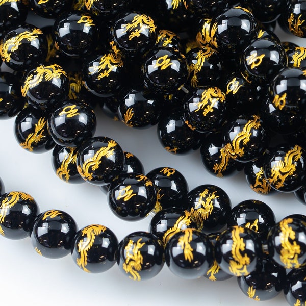 Hand Carved Dragon Round Onyx Beads. A Quality  -Full Strand 15.5 inch Strand- Black