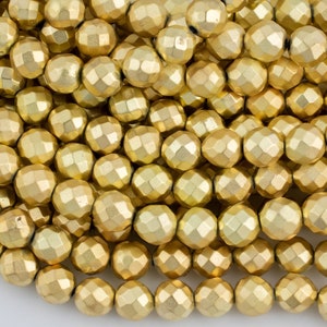 Matte Medium Gold Hematite Faceted Round Beads Loose Gemstone Beads - Natural Hematite Light Gold Plated - 8mm 10mm 12mm Full Strand 16&quot;