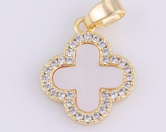 1pc 18K Gold  Mini Mother of pearl Clover Flower CZ Tag Bracelet Charm Gift for Jewelry Making-12mm