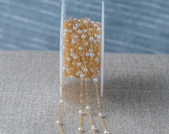 May include: A spool of gold-colored chain with small, white pearls. The chain is partially unraveled, with strands of the chain hanging down. The background is a light blue and gray.
