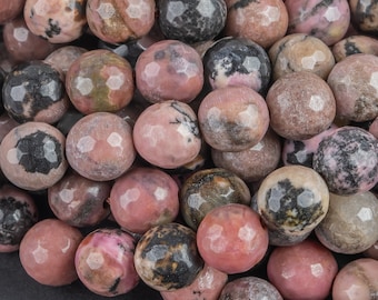 Natural Rhodonite, High Quality in Faceted Round, 4mm, 6mm, 8mm, 10mm, 12mm- 15.5 inch strand- Wholesale Pricing