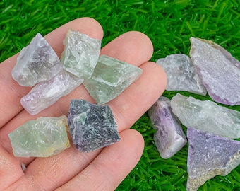 May include: A handful of raw fluorite crystals in shades of green, purple, and clear. The crystals are irregularly shaped and vary in size. The background is artificial green grass.